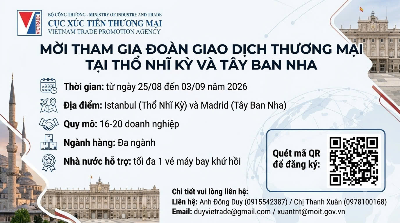 Mời tham gia Đoàn giao dịch thương mại tại Thổ Nhĩ Kỳ và Tây Ban Nha năm 2026