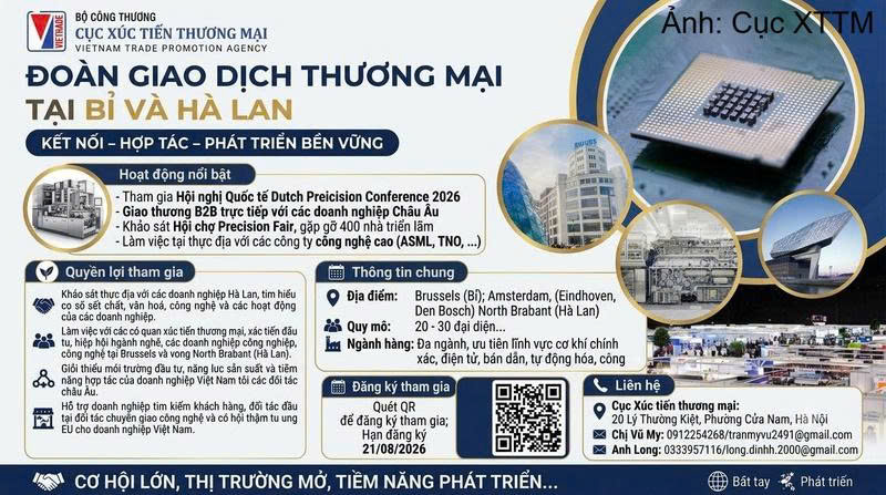 Mời doanh nghiệp tham gia Đoàn xúc tiến thương mại và đầu tư tại Bỉ và Hà Lan năm 2026.